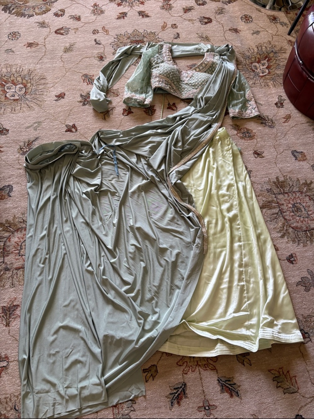 Sage Green Two-Piece Ethnic Set with Pale Yellow Skirt